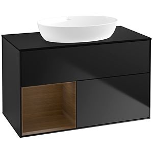 Villeroy und Boch Finion Waschtischunterschrank FA12GNPD 100cm, Abdeckplatte black matt, Regale Walnut Veneer, Black matt lacquer
