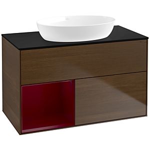 Villeroy und Boch Finion Waschtischunterschrank FA12HBGN 100cm, Abdeckplatte black matt, Regale Peony matt lacquer, Walnut veneer