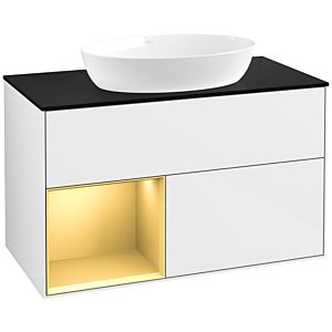 Villeroy und Boch Finion Waschtischunterschrank FA12HFGF 100cm, Abdeckplatte black matt, Regale Gold matt lacquer, Glossy white lacquer