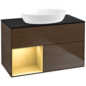 Villeroy und Boch Finion Waschtischunterschrank FA12HFGN 100cm, Abdeckplatte black matt, Regale Gold matt lacquer, Walnut veneer