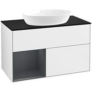 Villeroy und Boch Finion Waschtischunterschrank FA12HGGF 100cm, Abdeckplatte black matt, Regale Midnight matt lacquer, Glossy white lacquer