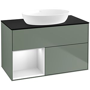 Villeroy et Boch Finion Villeroy et Boch FA12MTGM 100cm, plaque de recouvrement noir mat, étagères laqué blanc mat, Olive Matt Lacquer