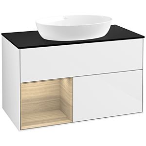 Villeroy und Boch Finion Waschtischunterschrank FA12PCGF 100cm, Abdeckplatte black matt, Regale Oak Veneer, Glossy white lacquer