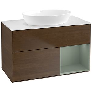 Villeroy und Boch Finion Waschtischunterschrank FA21GMGN 100cm, Abdeckplatte white matt, Regale Olive matt lacquer, Walnut veneer