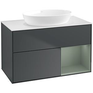 Villeroy und Boch Finion Waschtischunterschrank FA21GMHG 100cm, Abdeckplatte white matt, Regale Olive matt lacquer, Midnight Blue Matt Lacquer