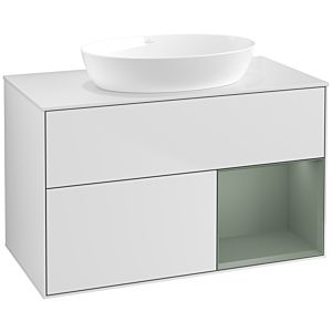 Villeroy und Boch Finion Waschtischunterschrank FA21GMMT 100cm, Abdeckplatte white matt, Regale Olive matt lacquer, White matt lacquer