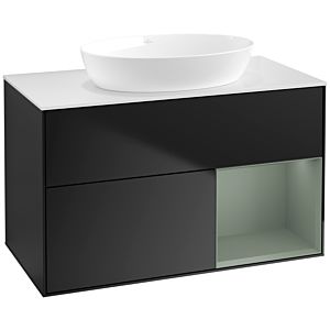 Villeroy und Boch Finion Waschtischunterschrank FA21GMPD 100cm, Abdeckplatte white matt, Regale Olive matt lacquer, Black matt lacquer