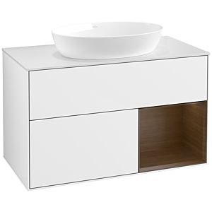 Villeroy und Boch Finion Waschtischunterschrank FA21GNGF 100cm, Abdeckplatte white matt, Regale Walnut Veneer, Glossy white lacquer