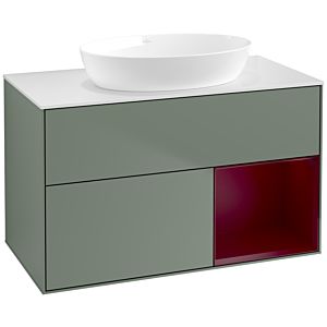 Villeroy et Boch Finion Villeroy et Boch FA21HBGM 100cm, plaque de recouvrement blanc mat, étagères Peony laqué mat, Olive Matt Lacquer