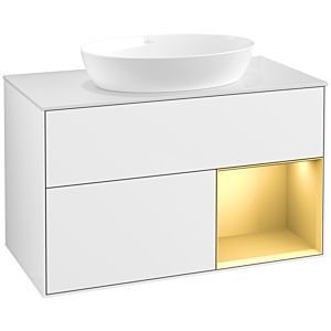 Villeroy et Boch Finion Villeroy et Boch FA21HFGF 100cm, plaque de recouvrement blanc mat, étagères laqué or mat, laqué blanc brillant