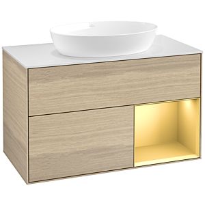 Villeroy et Boch Finion Villeroy et Boch FA21HFPC 100cm, plaque de recouvrement blanc mat, étagères laqué mat or, Oak Veneer