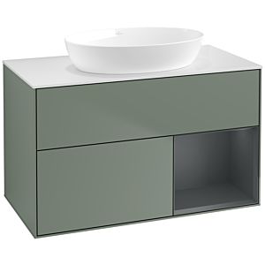 Villeroy et Boch Finion Villeroy et Boch FA21HGGM 100cm, plaque de recouvrement blanc mat, étagères laqué mat Midnight, Olive Matt Lacquer