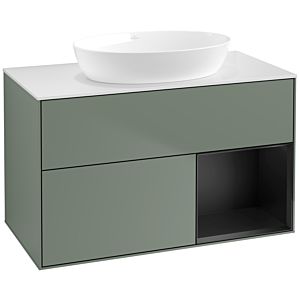 Villeroy et Boch Finion Villeroy et Boch FA21PDGM 100cm, plaque de recouvrement blanc mat, étagères laqué noir mat, Olive Matt Lacquer