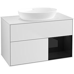Villeroy und Boch Finion Waschtischunterschrank FA21PHMT 100cm, Abdeckplatte white matt, Regale Glossy black lacquer, White matt lacquer