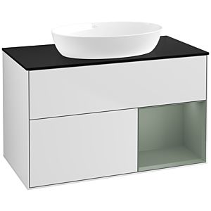 Villeroy et Boch Finion Villeroy et Boch FA22GMMT 100cm, plaque de recouvrement noir mat, étagères laqué olive mat, laqué blanc mat