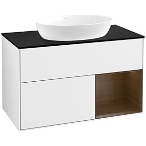 Villeroy und Boch Finion Waschtischunterschrank FA22GNGF 100cm, Abdeckplatte black matt, Regale Walnut Veneer, Glossy white lacquer