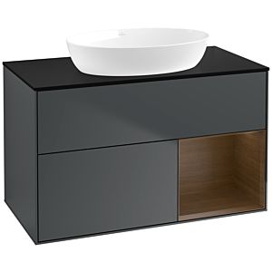 Villeroy und Boch Finion Waschtischunterschrank FA22GNHG 100cm, Abdeckplatte black matt, Regale Walnut Veneer, Midnight Blue Matt Lacquer