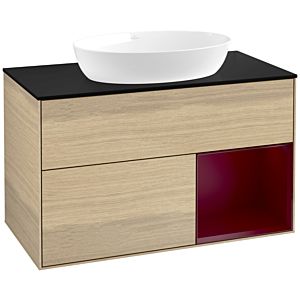 Villeroy und Boch Finion Waschtischunterschrank FA22HBPC 100cm, Abdeckplatte black matt, Regale Peony matt lacquer, Oak Veneer