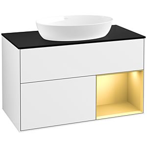 Villeroy et Boch Finion Villeroy et Boch FA22HFGF 100cm, plaque de recouvrement noir mat, étagères laqué or mat, laqué blanc brillant