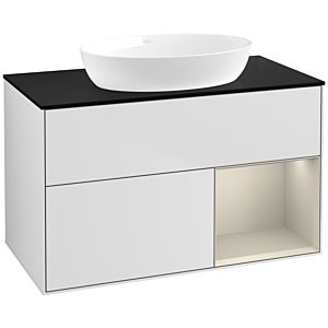 Villeroy und Boch Finion Waschtischunterschrank FA22HHMT 100cm, Abdeckplatte black matt, Regale sand matt lacquer, White matt lacquer