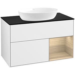Villeroy und Boch Finion Waschtischunterschrank FA22PCGF 100cm, Abdeckplatte black matt, Regale Oak Veneer, Glossy white lacquer