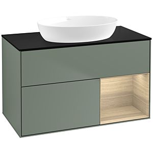 Villeroy und Boch Finion Waschtischunterschrank FA22PCGM 100cm, Abdeckplatte black matt, Regale Oak Veneer, Olive Matt Lacquer