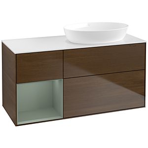 Villeroy und Boch Finion Waschtischunterschrank FA41GMGN 120cm, Abdeckplatte white matt, Regale Olive matt lacquer, Walnut veneer
