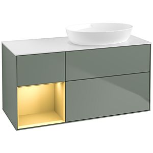 Villeroy et Boch Finion FA41HFGM 120cm, plaque de recouvrement blanc mat, étagères laqué mat or, Olive Matt Lacquer