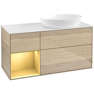 Villeroy und Boch Finion Waschtischunterschrank FA41HFPC 120cm, Abdeckplatte white matt, Regale Gold matt lacquer, Oak Veneer