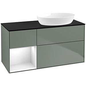 Villeroy et Boch Finion Villeroy et Boch FA42GFGM 120cm, plaque de recouvrement noir mat, étagères Laque blanche brillante, Olive Matt Lacquer