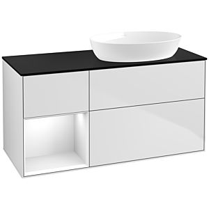 Villeroy et Boch Finion Villeroy et Boch FA42GFMT 120cm, plaque de recouvrement noir mat, étagères laqué blanc brillant, laqué blanc mat