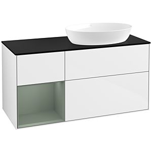 Villeroy et Boch Finion Villeroy et Boch FA42GMGF 120cm, plaque de recouvrement noir mat, étagères laqué olive mat, laqué blanc brillant