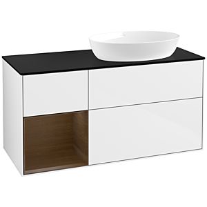 Villeroy und Boch Finion Waschtischunterschrank FA42GNGF 120cm, Abdeckplatte black matt, Regale Walnut Veneer, Glossy white lacquer