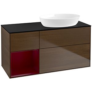 Villeroy und Boch Finion Waschtischunterschrank FA42HBGN 120cm, Abdeckplatte black matt, Regale Peony matt lacquer, Walnut veneer