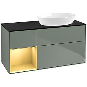 Villeroy et Boch Finion FA42HFGM 120cm, plaque de recouvrement noir mat, étagères laqué mat or, Olive Matt Lacquer