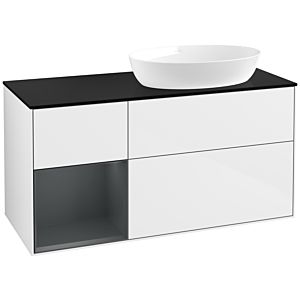 Villeroy und Boch Finion Waschtischunterschrank FA42HGGF 120cm, Abdeckplatte black matt, Regale Midnight matt lacquer, Glossy white lacquer