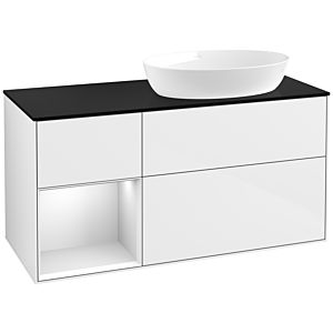 Villeroy et Boch Finion Villeroy et Boch FA42MTGF 120cm, plaque de recouvrement noir mat, étagères laqué blanc mat, laqué blanc brillant