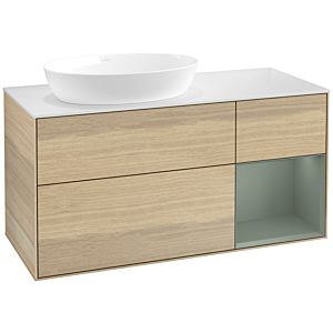 Villeroy und Boch Finion Waschtischunterschrank FA51GMPC 120cm, Abdeckplatte white matt, Regale Olive matt lacquer, Oak Veneer