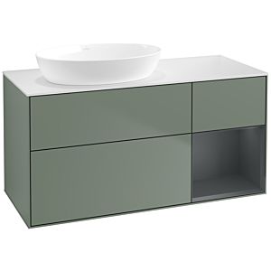Villeroy und Boch Finion Waschtischunterschrank FA51HGGM 120cm, Abdeckplatte white matt, Regale Midnight matt lacquer, Olive Matt Lacquer