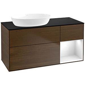 Villeroy und Boch Finion Waschtischunterschrank FA52GFGN 120cm, Abdeckplatte black matt, Regale Glossy white lacquer, Walnut veneer