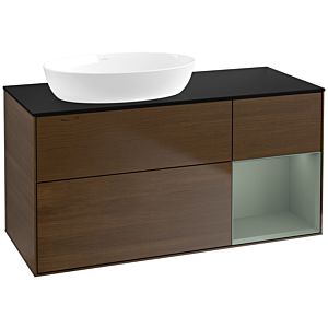 Villeroy und Boch Finion Waschtischunterschrank FA52GMGN 120cm, Abdeckplatte black matt, Regale Olive matt lacquer, Walnut veneer