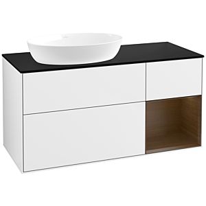 Villeroy und Boch Finion Waschtischunterschrank FA52GNGF 120cm, Abdeckplatte black matt, Regale Walnut Veneer, Glossy white lacquer