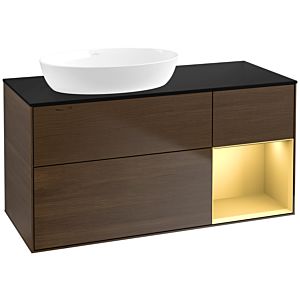 Villeroy und Boch Finion Waschtischunterschrank FA52HFGN 120cm, Abdeckplatte black matt, Regale Gold matt lacquer, Walnut veneer