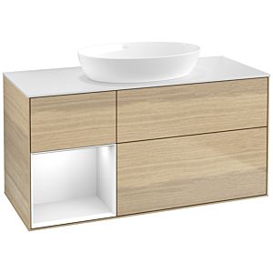 Villeroy et Boch Finion Villeroy et Boch FA61GFPC 120cm, plaque de recouvrement blanc mat, étagères Laque blanche brillante, Oak Veneer