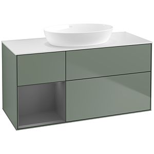 Villeroy et Boch Finion FA61GKGM 120cm, plaque de recouvrement blanc mat, étagères laqué mat anthracite, Olive Matt Lacquer
