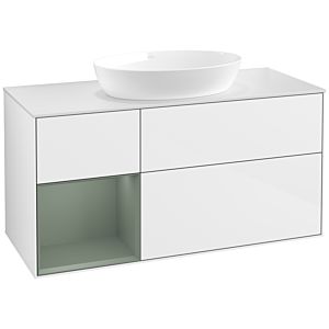 Villeroy et Boch Finion Villeroy et Boch FA61GMGF 120cm, plaque de recouvrement blanc mat, étagères laqué olive mat, laqué blanc brillant