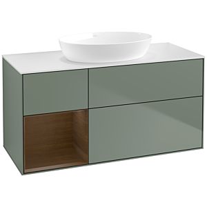 Villeroy et Boch Finion FA61GNGM 120cm, plaque de recouvrement blanc mat, étagères Walnut Veneer , Olive Matt Lacquer