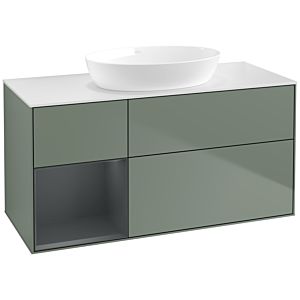 Villeroy et Boch Finion Villeroy et Boch FA61HGGM 120cm, plaque de recouvrement blanc mat, étagères laqué mat Midnight, Olive Matt Lacquer