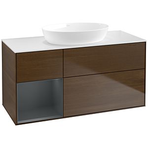 Villeroy und Boch Finion Waschtischunterschrank FA61HGGN 120cm, Abdeckplatte white matt, Regale Midnight matt lacquer, Walnut veneer