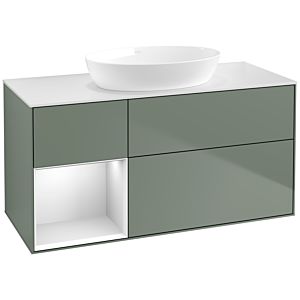 Villeroy et Boch Finion Villeroy et Boch FA61MTGM 120cm, plaque de recouvrement blanc mat, étagères laqué blanc mat, Olive Matt Lacquer